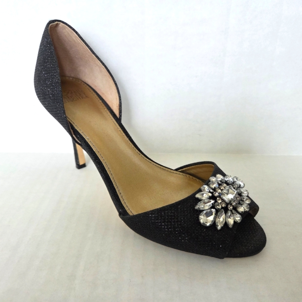 Badgley Mischka Belle Black Kitten Heels Peep Toe w/Embellished Jewels Sz 8M EUC